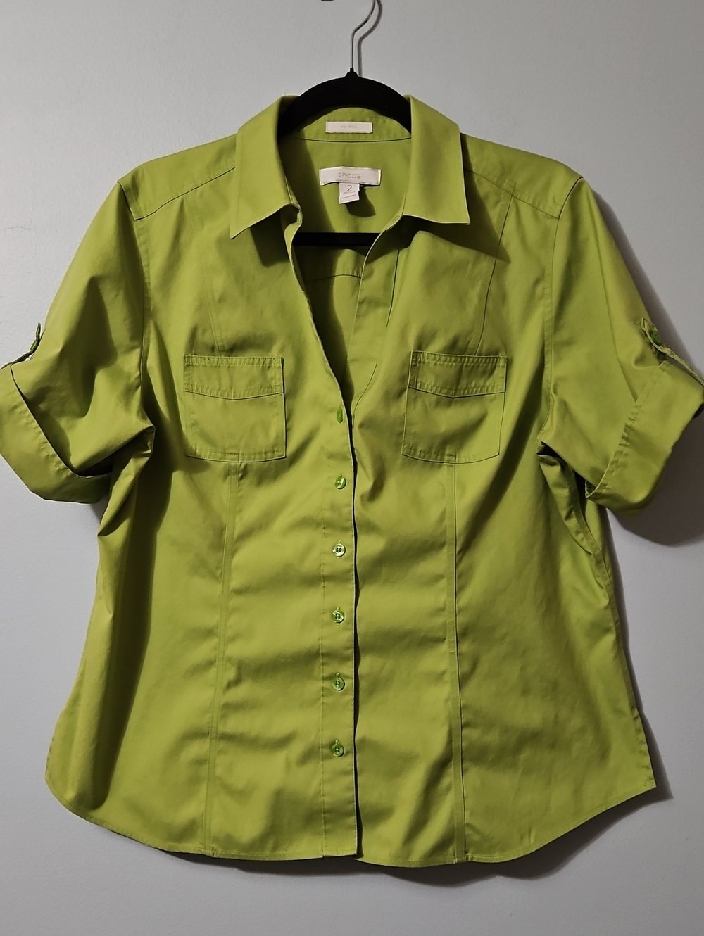 Chico's Bright Lime Green Collared Short Sleeve Button Up Shirt Size 2 (L)